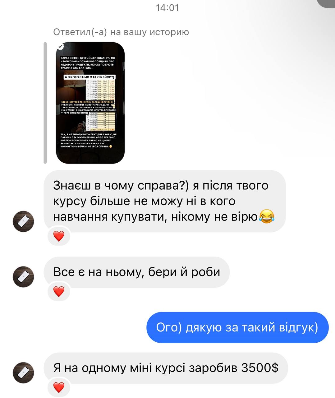 Відгук учня та результат 3500 доларів